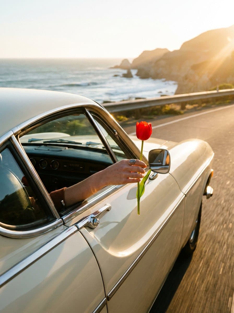 Before: a hand holding a red tulip out of a vintage car window